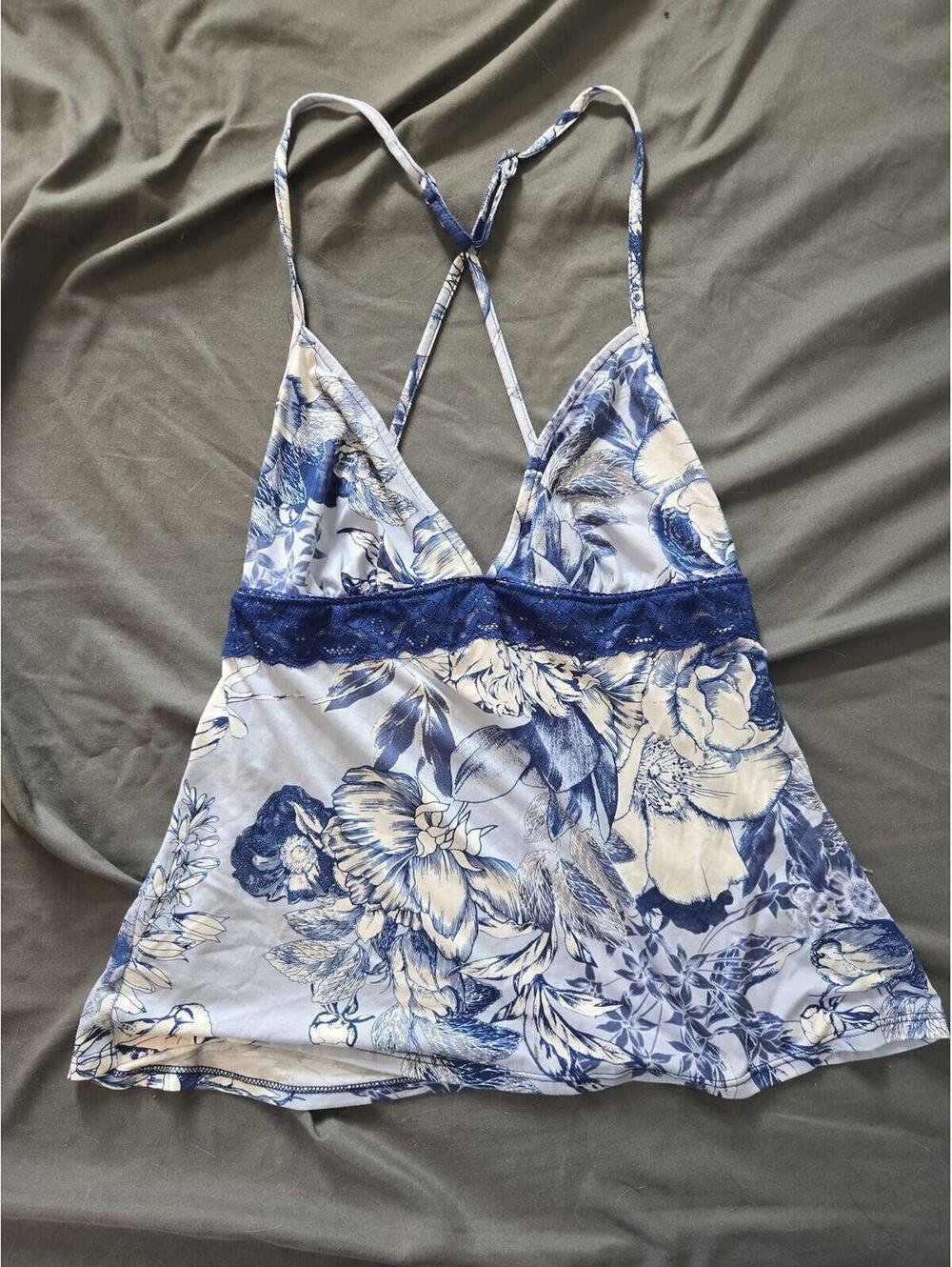 Linea Donatella Blue Floral Lace Trim Cami Top Size M